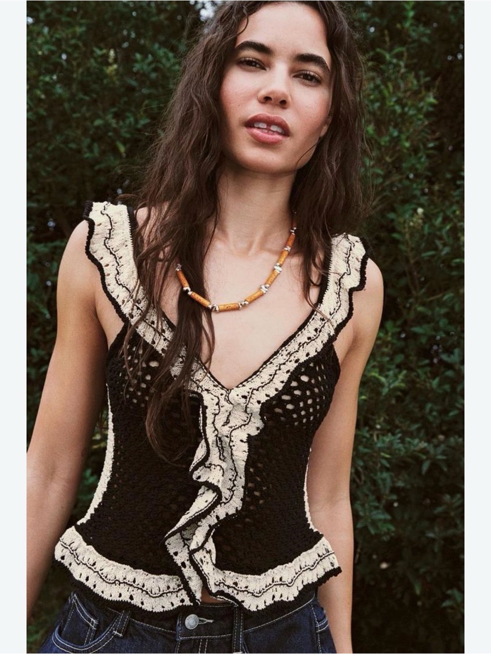 Zara Black Crochet Tank with Cream Ruffle Trim